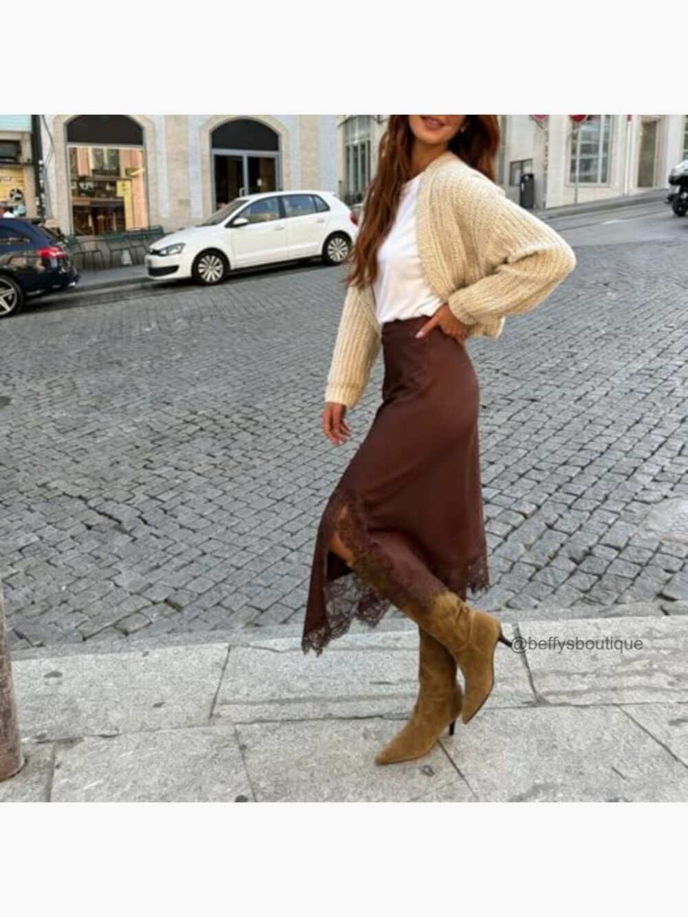 Lace Trim Satin Maxi Skirt with Side Slit Flowy Asymmetric Y2k Streetwear - Picture 3 of 6